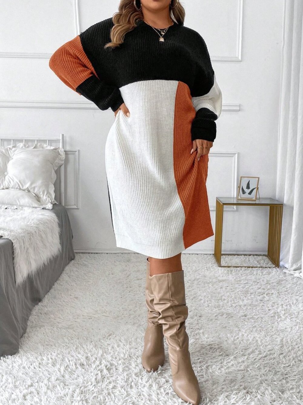 Colorblock Casual Women's plus size Round Neck long sleeve Sweater Dress